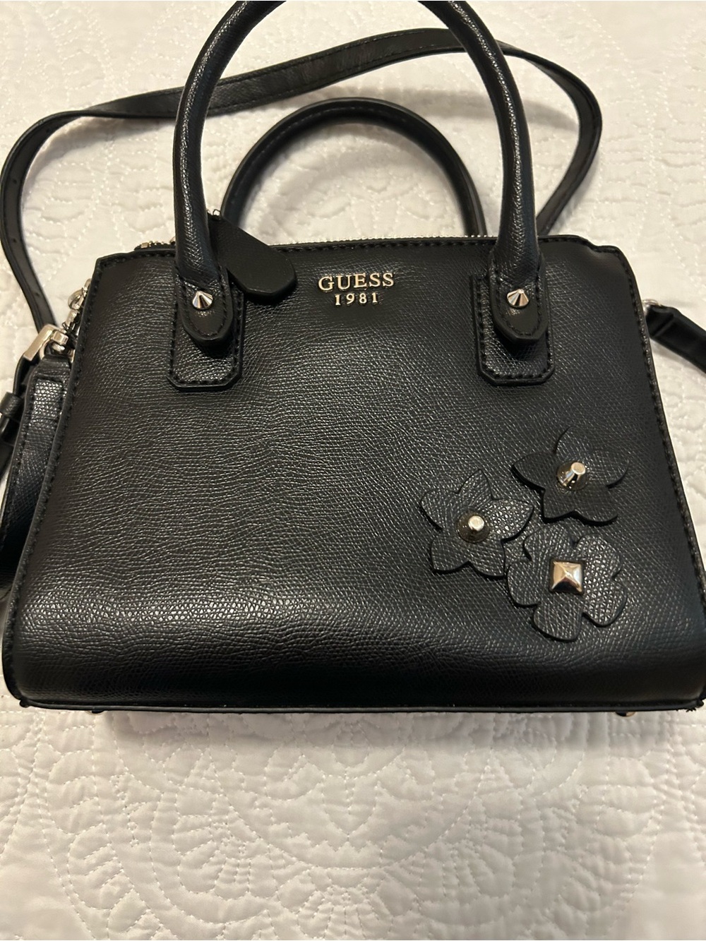 GUESS Black Mini Satchel with Floral Stud Accents